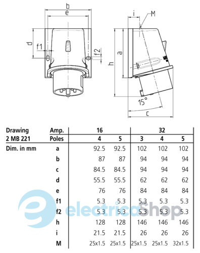 Штекер настінний 32A 5п 6г 400В, IP44, MENNEKES 804