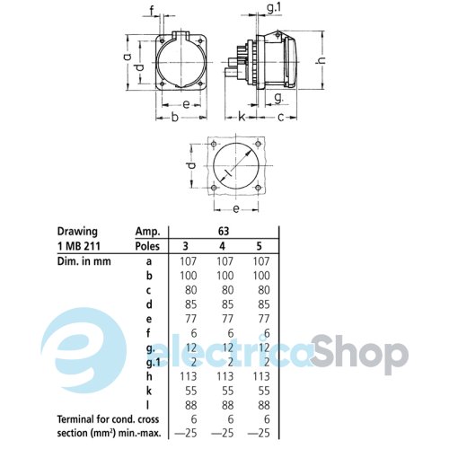 Розетка панельна 63A 4п 6г 400В, IP44, MENNEKES 1248A