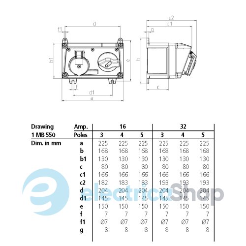 Настенная розетка с механическим выключателем DUO 16A 3п 6г 230B, IP44, MENNEKES 7603