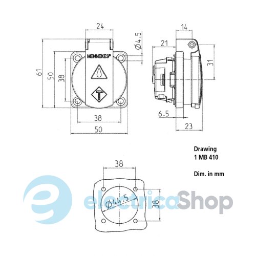 Розетка панельна SCHUKO 16A 2п+З 230В, IP54 синя (клеми plug-in), MENNEKES 11011
