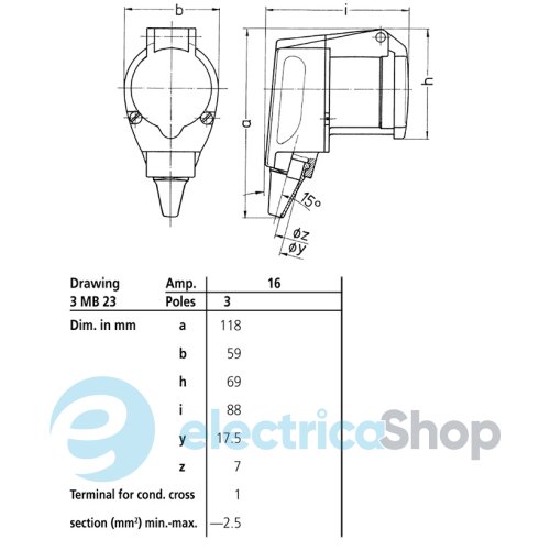 Розетка кабельна 16A 3п 6г 230В кутова, IP44, MENNEKES 1438