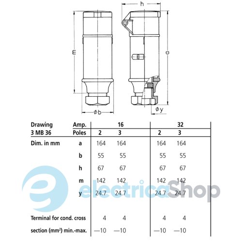 Розетка кабельна 32A 3п 4г 20-25, 40-50В, IP44, MENNEKES 729A