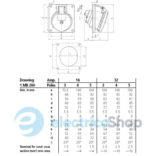 Розетка панельна 16A 3п 6г 230B, IP67 (нахил 20°), MENNEKES 1475
