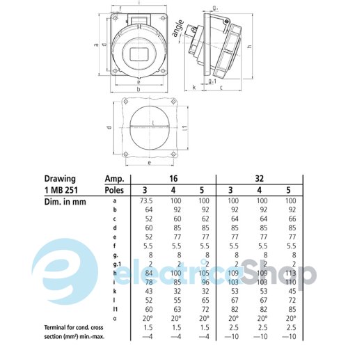 Розетка панельна 32A 3п 6г 230В, IP67 (нахил 20°), MENNEKES 1502