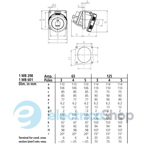 Розетка панельна 63A 3п 6г 230В, IP67 (нахил 20°), MENNEKES 2180A