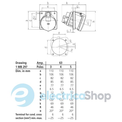Розетка панельна 63A 3п 6г 230В, IP44 (нахил 20°), MENNEKES 1147A
