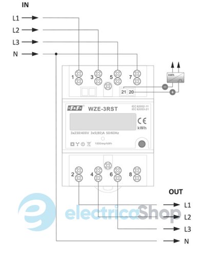 Счетчик электроэнергии WZE-3RST F&F DIN 4,5мод. 3-ф 5А (80A) 3×230/400V AC