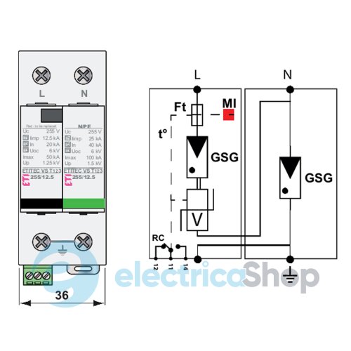 Обмежувач перенапруги тип I+II+III, ETITEC VS T123 255/12,5 (1+1) RC ETI 2442928