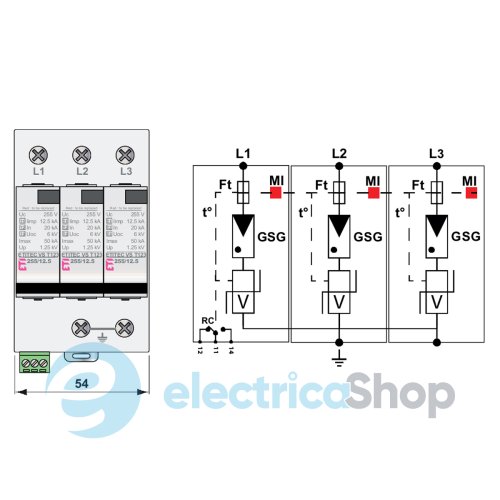 Ограничитель перенапряжения тип I+II+III, ETITEC VS T123 255/12,5 (3+0) RC ETI 2442929