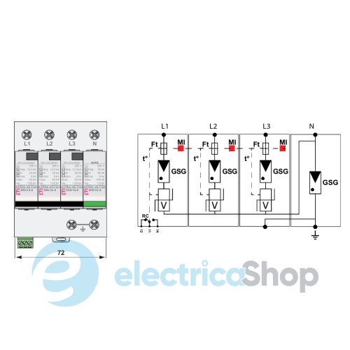 Ограничитель перенапряжения тип I+II+III, ETITEC VS T123 255/12,5 (3+1) RC ETI 2442931