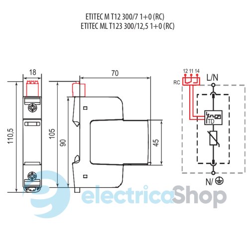Обмежувач перенапруги тип I+II+III, ETITEC ML T123 300/12,5 (1+0, 1p, TNC) ETI 2440661