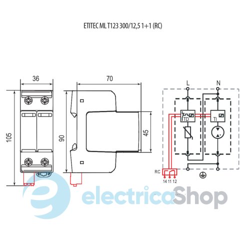 Обмежувач перенапруги тип I+II+III, ETITEC ML T123 300/12,5 (1+1, 2p, TТ) ETI 2440669