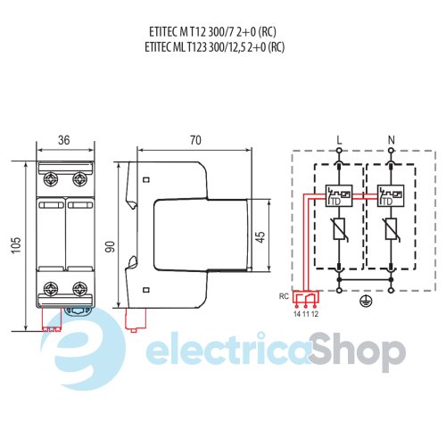 Обмежувач перенапруги тип I+II+III, ETITEC ML T123 300/12,5 (2+0, 2p, TNC-S) ETI 2440663