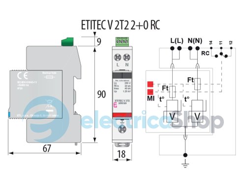Ограничитель перенапряжения тип II, ETITEC V 2T2 255/20 (2+0) ETI 2442940