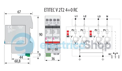 Ограничитель перенапряжения тип II, ETITEC V 2T2 255/20 (4+0) ETI 2442943