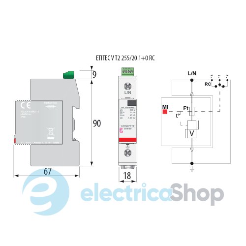Ограничитель перенапряжения тип II, ETITEC V T2 255/20 (1+0) RC ETI 2442958