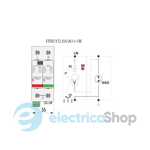 Ограничитель перенапряжения тип II, ETITEC V T2 255/20 (1+1) ETI 2442954