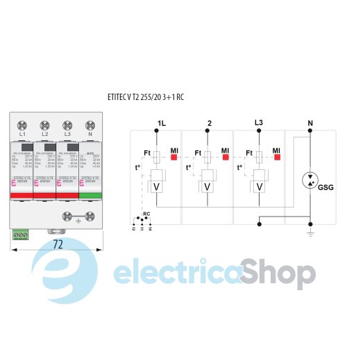 Ограничитель перенапряжения тип II, ETITEC V T2 255/20 (3+1) ETI 2442957