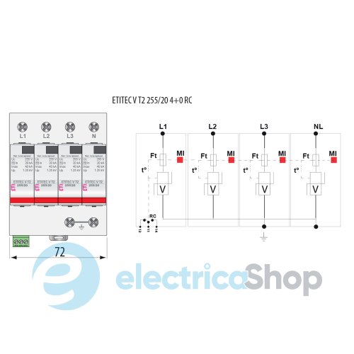 Ограничитель перенапряжения тип II, ETITEC V T2 255/20 (4+0) RC ETI 2442962