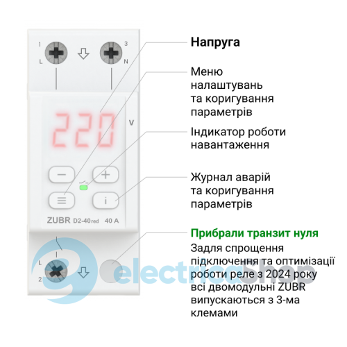 Реле напруги ZUBR 1-ф, 32 А D2-32 red
