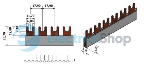Шина живлення IZ 10/1F/12 (10мм2, 1P, 0.21м, Fork, 12mod.) ETI 2921143