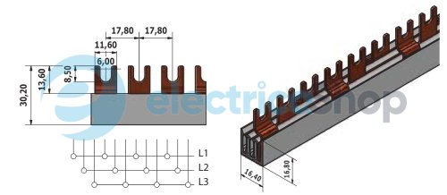 Шина живлення IZ 10/3F/12 (10мм2, 3P, 0.21м, Fork, 12mod.) ETI 2921140