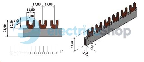 Шина живлення IZ 12/1F/12 (12мм2, 1P, 0.21м, Fork, 12mod.) ETI 2921018