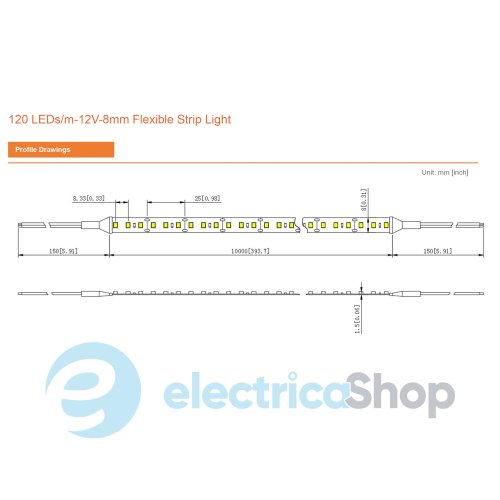 Стрічка світлодіодна 120 Led/m 4000K 24V, 8.6Вт, IP20 RISHANG 2835-120-IP20-NW-8-24 RD08C0TC-B (13254) нейтральне світло