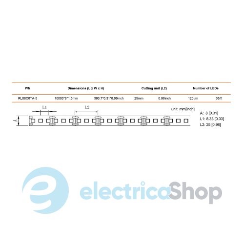 Лента cветодиодная 120 Led/m 3000K 12V, 9,6Вт, IP20 CRI80 RISHANG 2835-120-IP20-WW-8-12 RV08C0TA-A (19546) тёплый свет