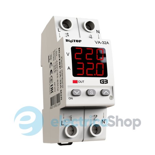 Реле напряжения с контролем по току 1ф. 32А (max 40A) VА-32A M2W DigiTOP, с термозащитой, белая индикация