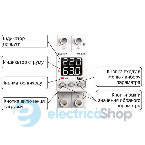 Реле напряжения с контролем по току 1ф. 40А (max 50A) VА-40A M2R DigiTOP, с термозащитой, красная индикация