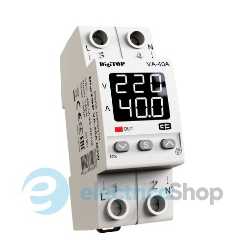 Реле напряжения с контролем по току 1ф. 40А (max 50A) VА-40A M2W DigiTOP, с термозащитой, белая индикация