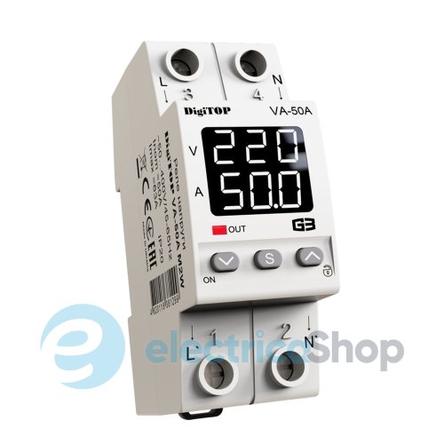 Реле напряжения с контролем по току 1ф. 50А (max 63A) VА-50A M2W DigiTOP, с термозащитой, белая индикация