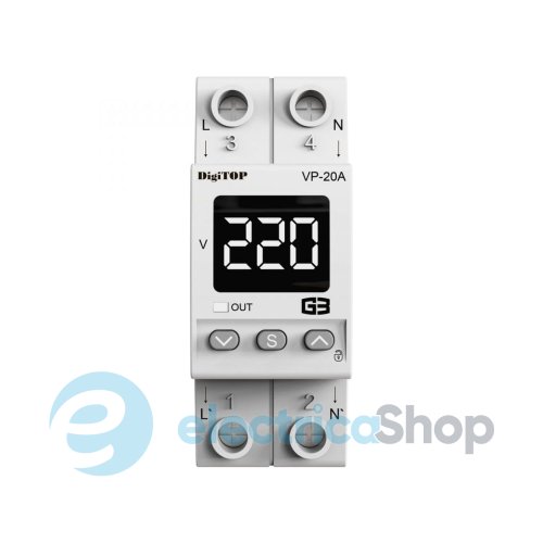 Реле напруги 1ф. 20А, DIN, VP-20A M2W DigiTOP білий індикатор