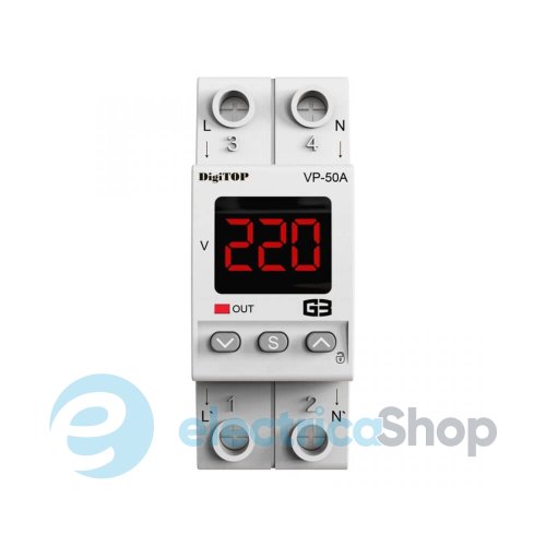 Реле напряжения 1ф. 50А VP-50A M2R DigiTOP, DIN, красный индикатор