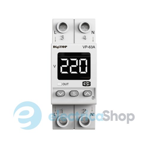 Реле напруги 1ф. 63А, DIN, VP-63A M2W DigiTOP білий індикатор