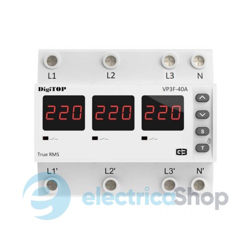 Реле напряжения 3ф. 40А DigiTOP VP-3F40A M6R, красный индикатор