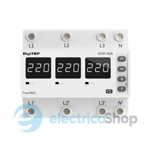 Реле напряжения 3ф. 40А DigiTOP VP-3F40A M6W, белый индикатор