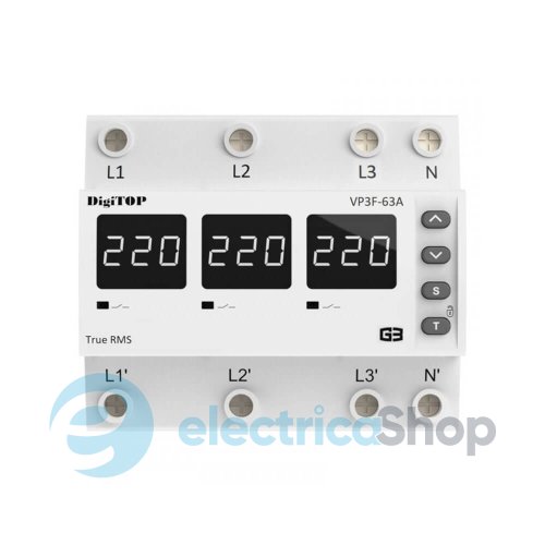 Реле напруги 3ф. 63А, DIN, DigiTOP VP-3F63A M6W, білий індикатор