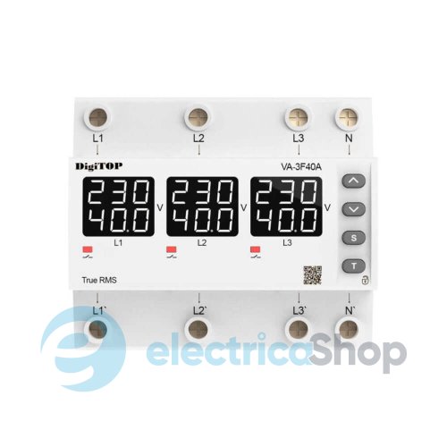 Реле напруги та струму 3ф. 40А, DIN, DigiTOP VA-3F40A M6W, білий індикатор