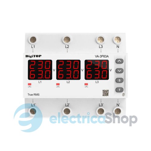 Реле напряжения и тока 3ф. 63А DigiTOP VA-3F63A M6R, красный индикатор