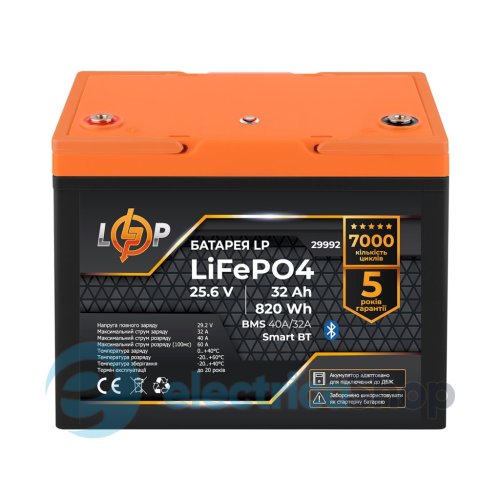 Акумулятор LP LiFePO4 25,6V - 32 Ah (820Wh) (BMS 40A/32А) пластик Smart BT