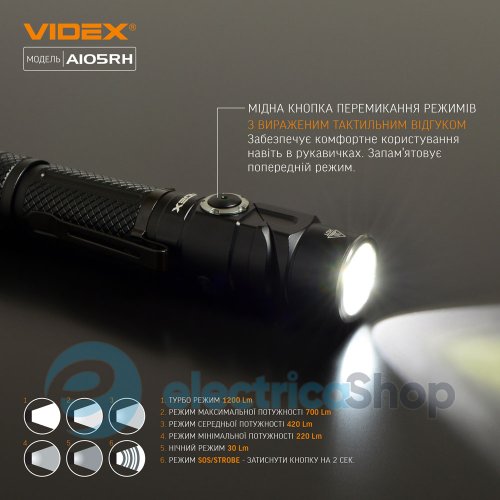 Портативний світлодіодний ліхтарик VIDEX VLF-A105RH 1200Lm 5000K (26565)