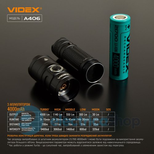 Портативний світлодіодний ліхтарик VIDEX VLF-A406 4000Lm 6500K