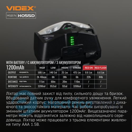 Налобний світлодіодний ліхтарик VIDEX VLF-H055D 500Lm 5000K