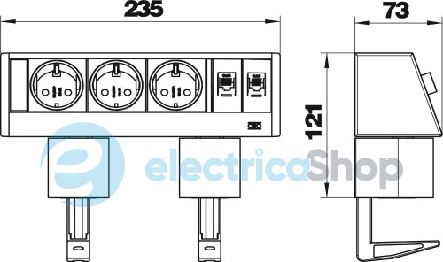 Розеточный блок DB 235мм, с креплениями, 3x 2р+E 250V + 2 RJ45 Cat.6, кабель 3,0м OBO 6116942 Алюминий