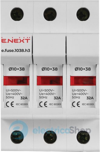 Утримувач запобіжника на Дін-рейку e.fuse.1038.h3, під запобіжник 10х38, 3р, 32А i0300003 E.NEXT