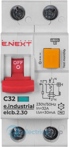 Диференційний автомат e.industrial.elcb.2.C32.30, 2р, 32А, С, 30мА i0230006 E.NEXT