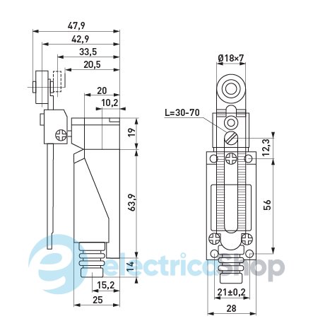 Вимикач кінцевий e.limitswitch.03 важіль з роликом регульований по довжині s0070007 E.NEXT