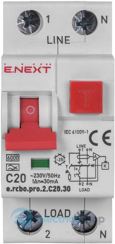 Диференційний автомат  e.rcbo.pro.2.C20.30, 1P+N, 20А, С, тип А, 30мА p0720027 E.NEXT